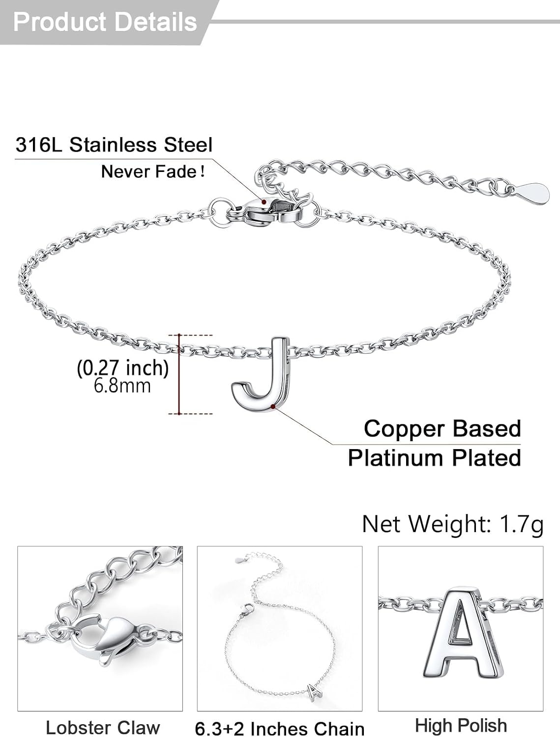 image:imageU7 Initial Heart Bracelet for Women Personalized Letter Chain BraceletsSilverInitial