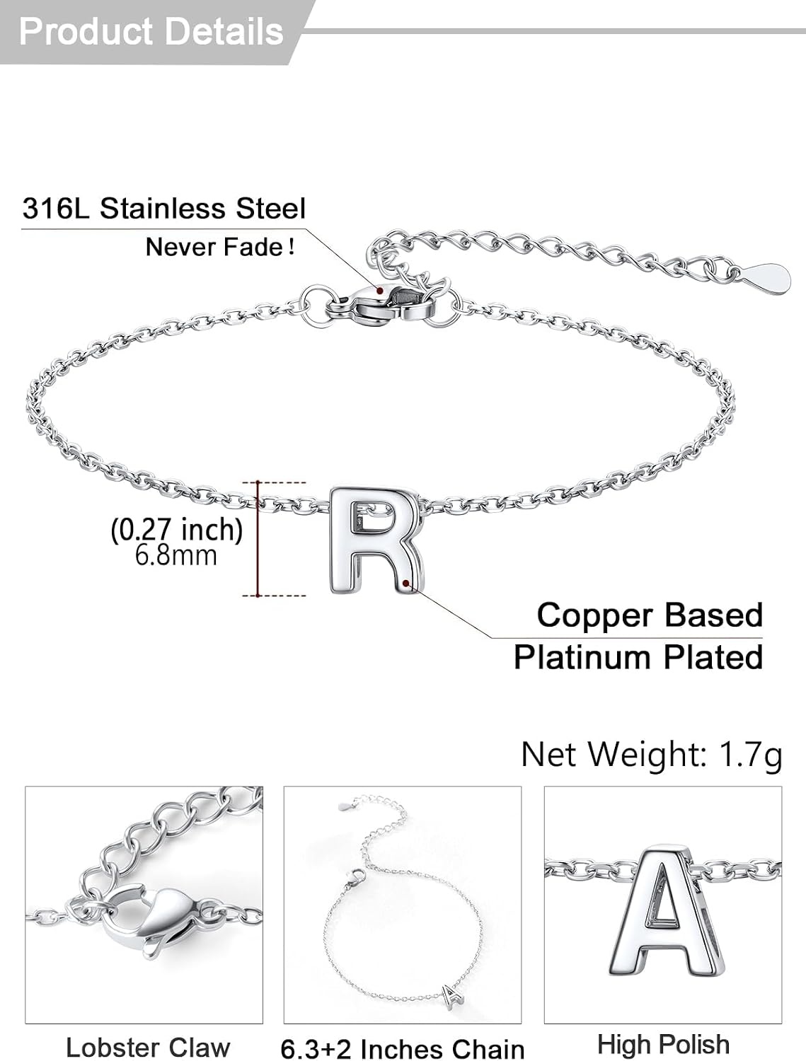 image:imageU7 Initial Heart Bracelet for Women Personalized Letter Chain BraceletsSilverInitial