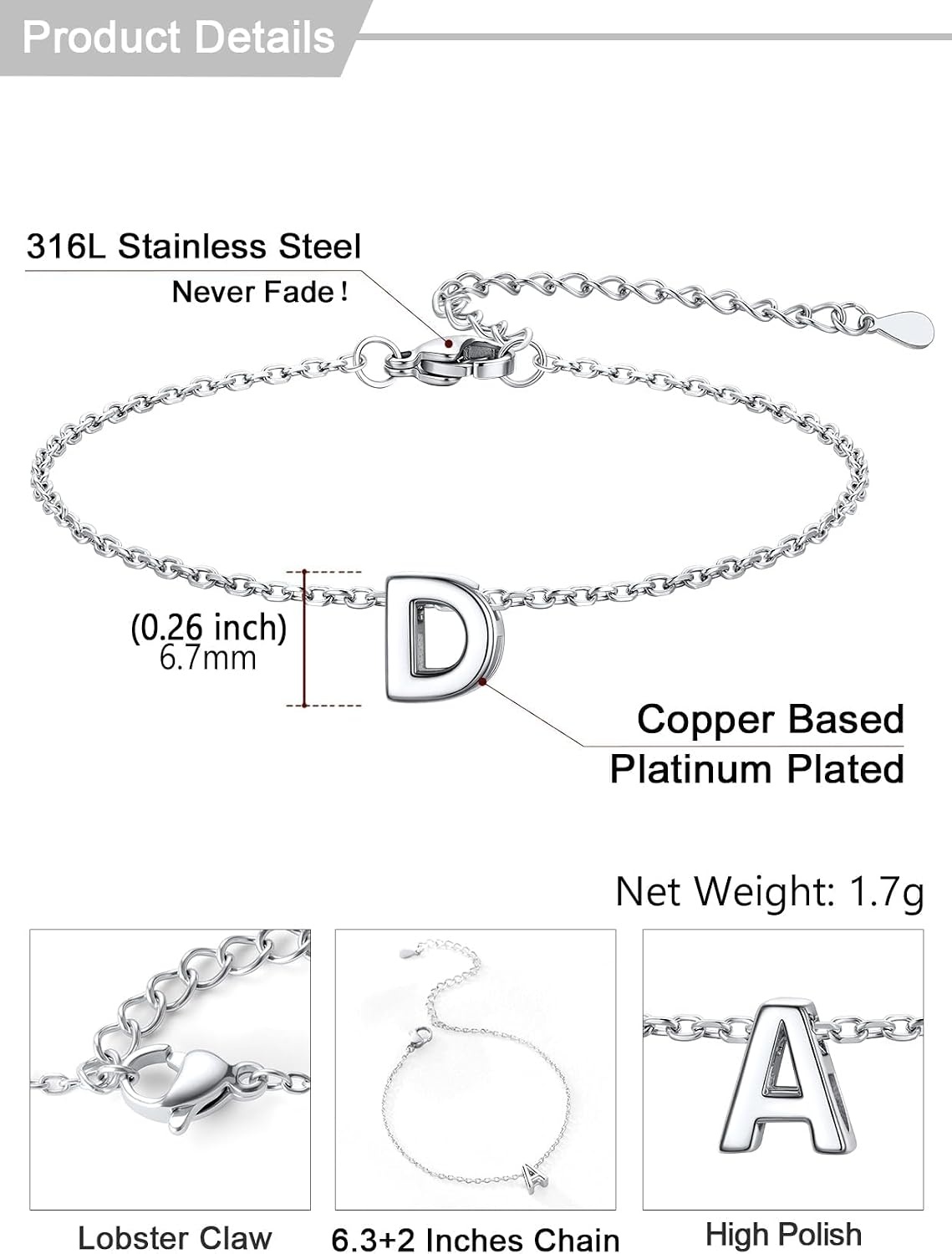 image:imageU7 Initial Heart Bracelet for Women Personalized Letter Chain BraceletsSilverInitial