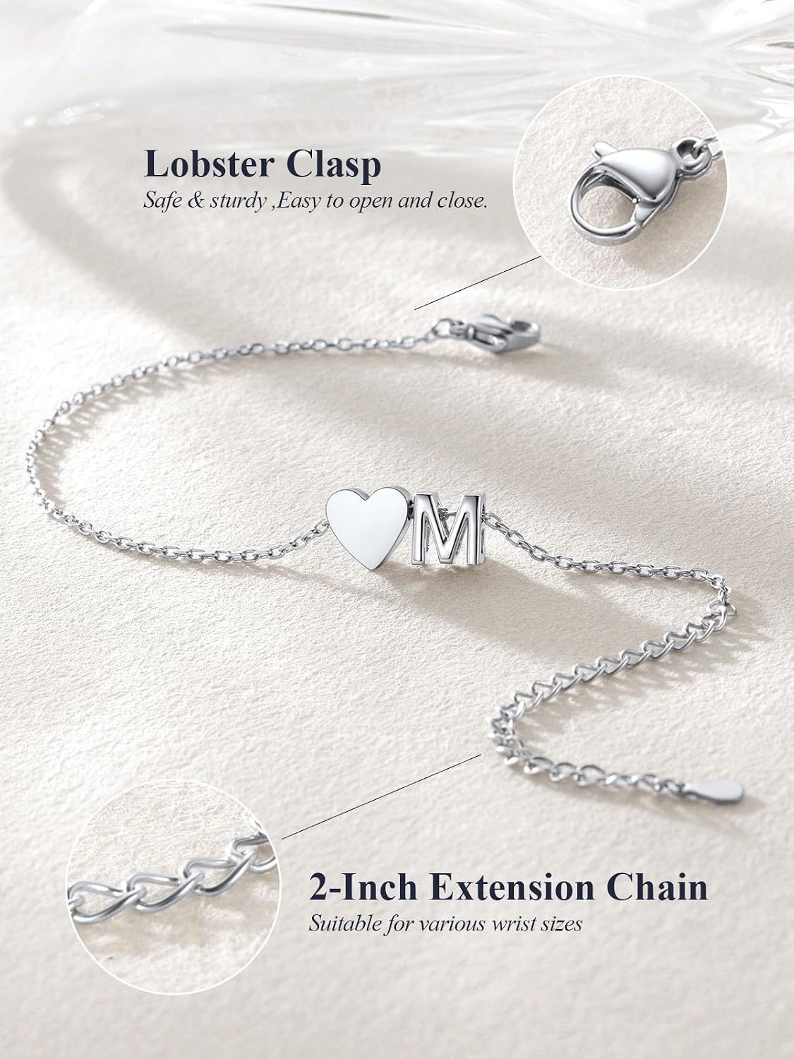 image:imageU7 Initial Heart Bracelet for Women Personalized Letter Chain BraceletsSilverInitial with Heart