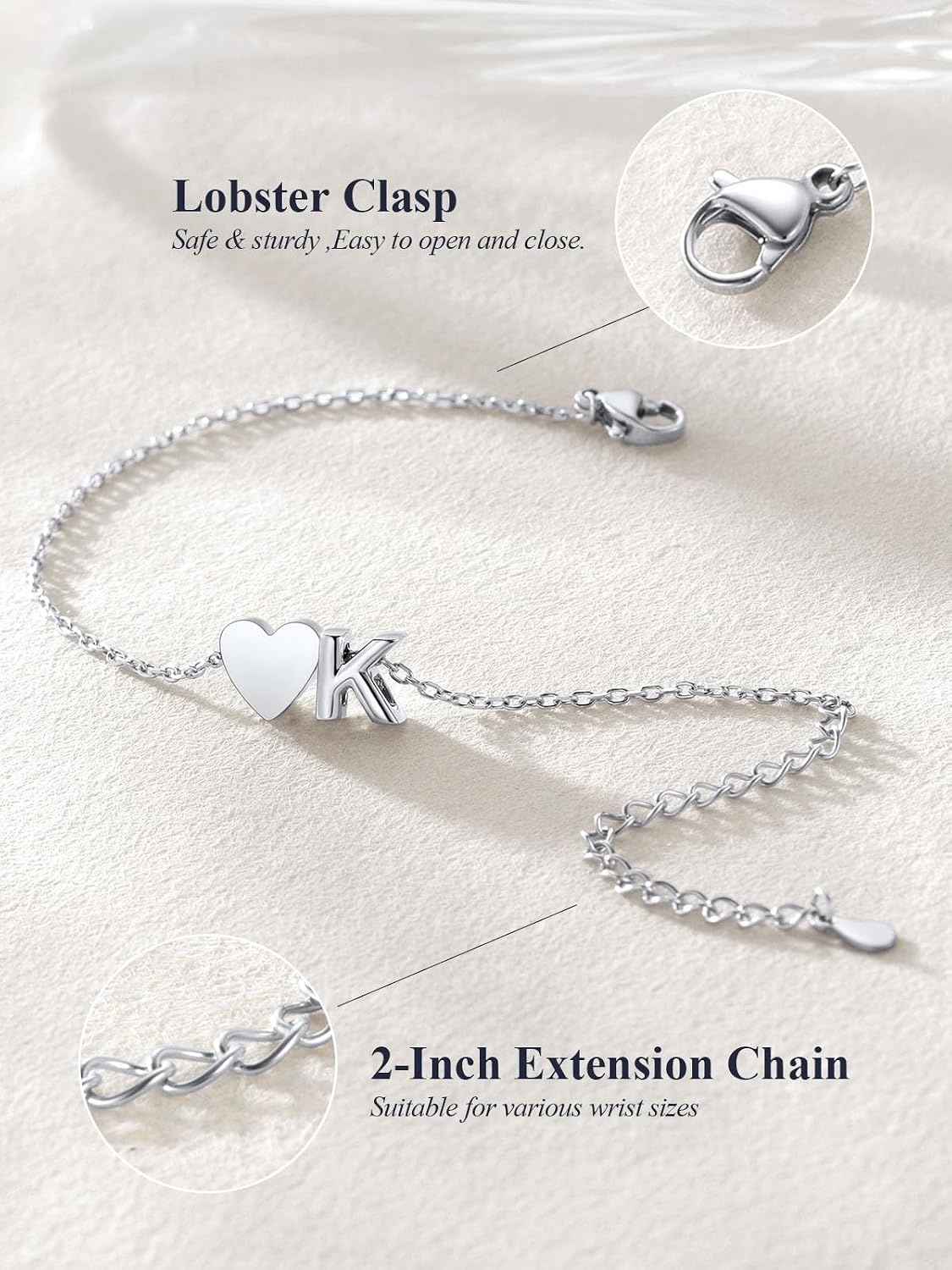 image:imageU7 Initial Heart Bracelet for Women Personalized Letter Chain BraceletsSilverInitial with Heart