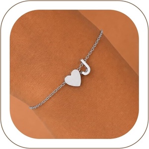 U7 Initial Heart Bracelet for Women, Personalized Letter Chain Bracelets(Silver-Initial with Heart)