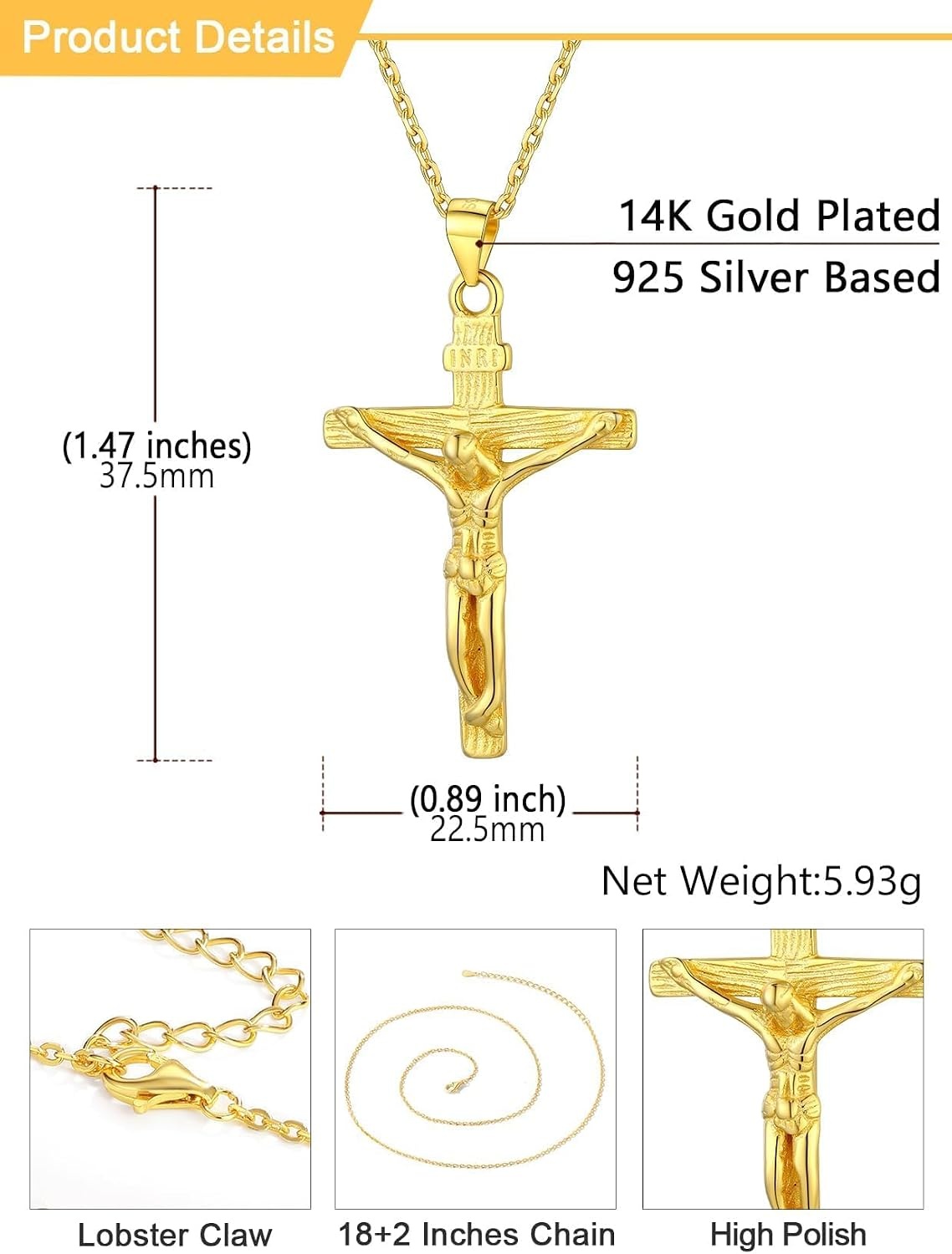 image:imageU7 Crucifix Cross Necklace for Menwith 1826 Chain01Gold