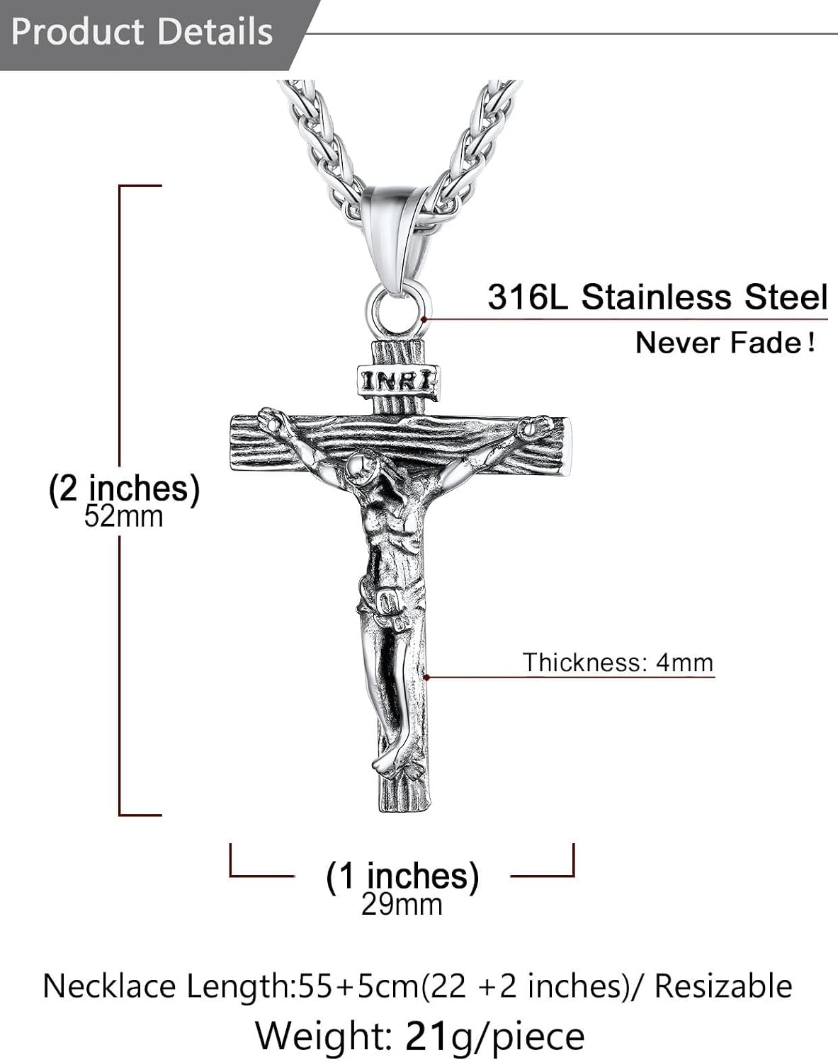 image:imageU7 Crucifix Cross Necklace for Menwith 1826 Chain02Silver