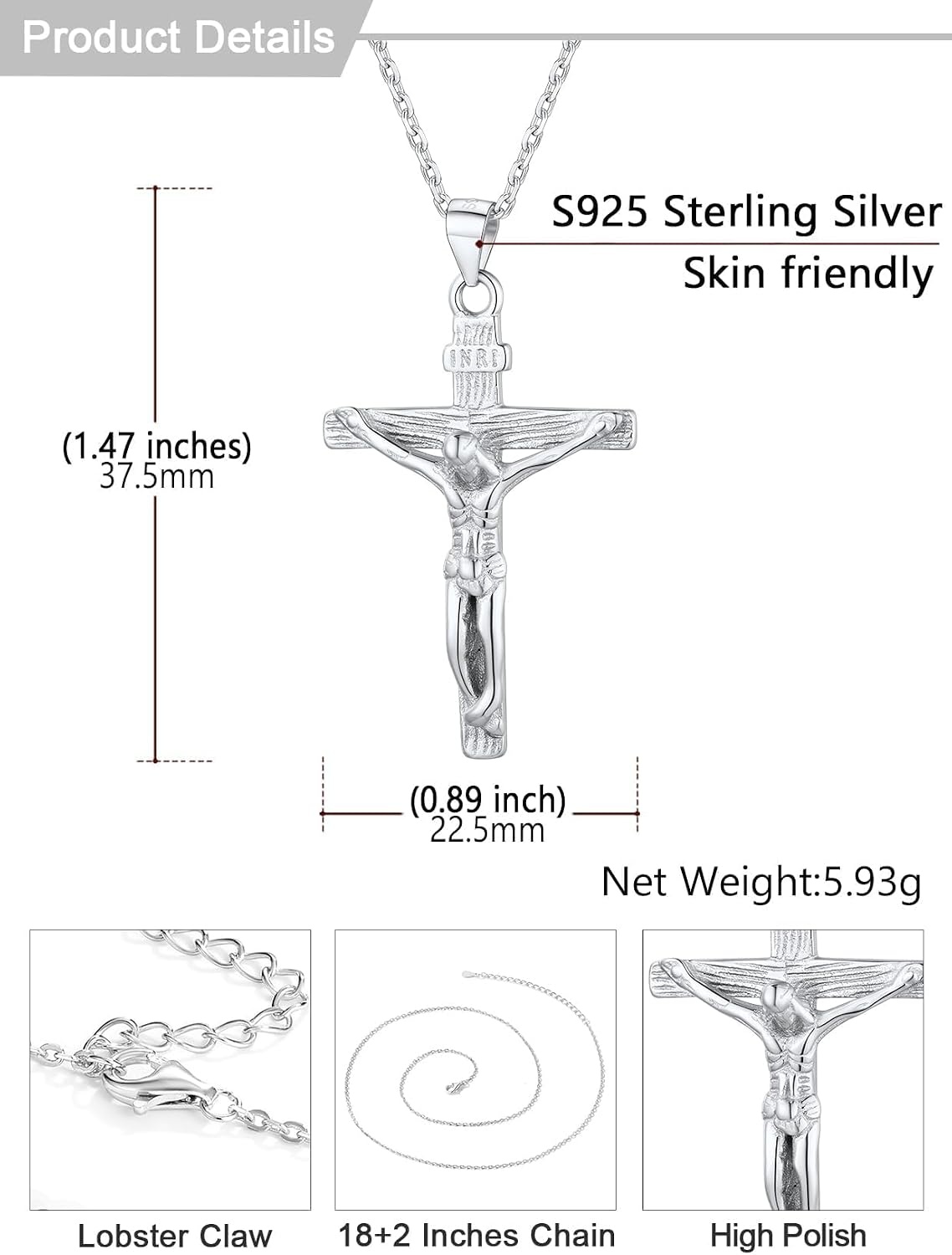 image:imageU7 Crucifix Cross Necklace for Menwith 1826 Chain02Silver