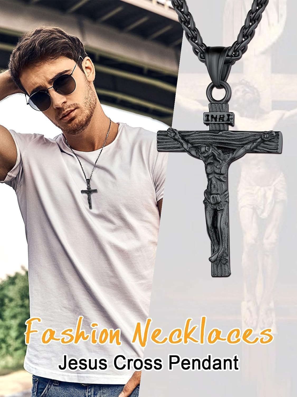 image:imageU7 Crucifix Cross Necklace for Menwith 1826 Chain03Black