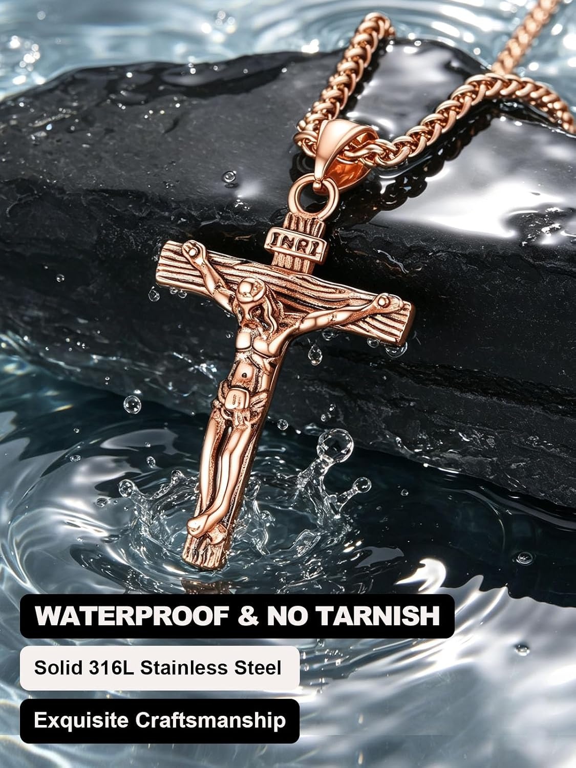 image:imageU7 Crucifix Cross Necklace for Menwith 1826 Chain04Rose Gold